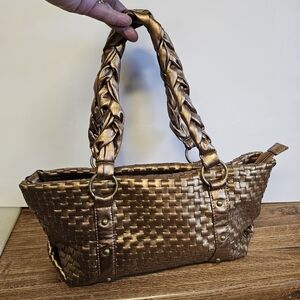 Bronze Metallic Weaved Satchel Bag